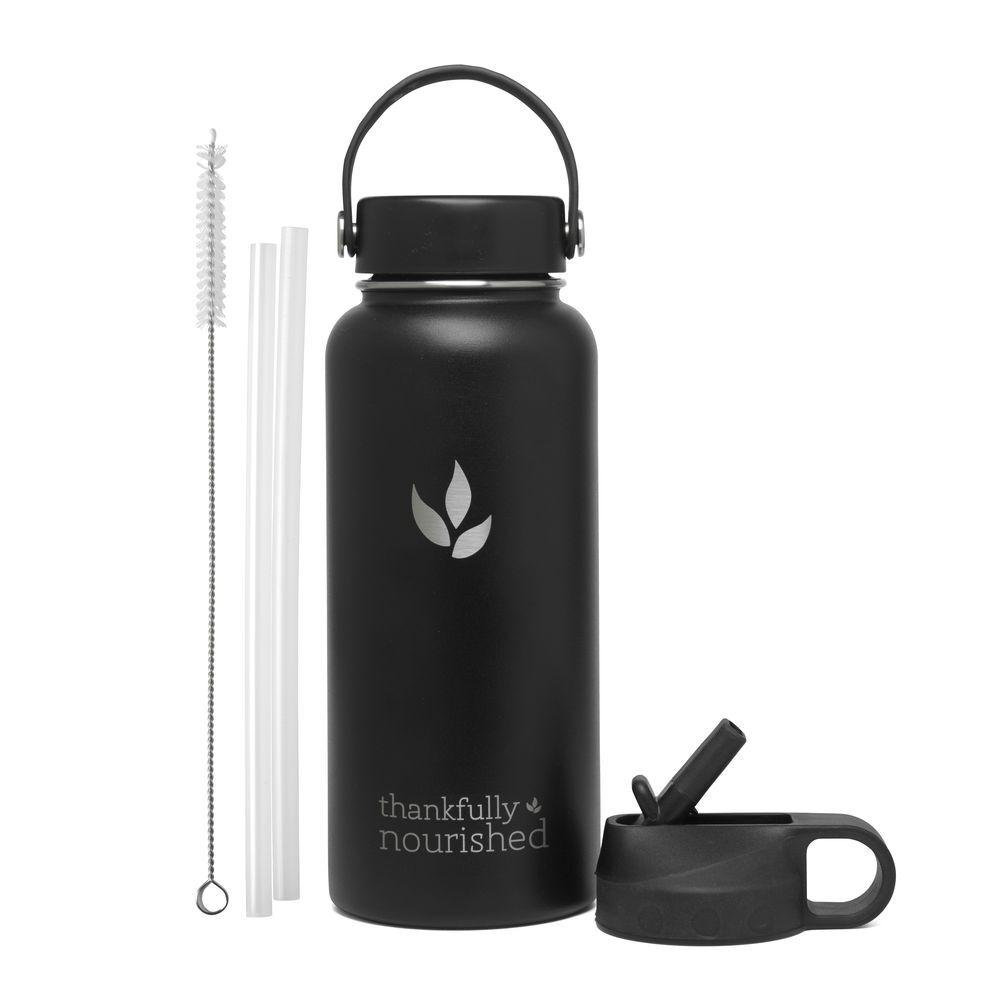 Thankfully Nourished Water Flask - Two Lid Set - Black